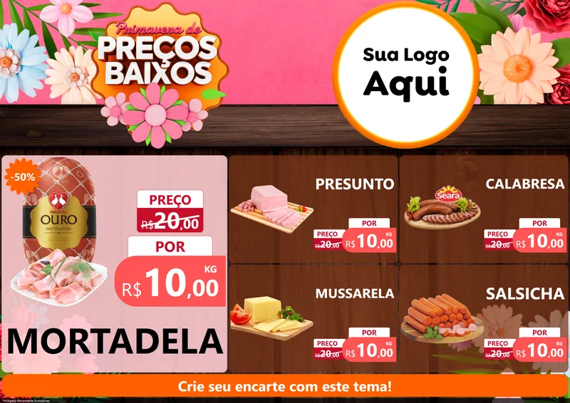 Modelo de Encarte para Encarte A4 Horizontal com o tema Primavera de Preços Baixos para Frios e Laticínios