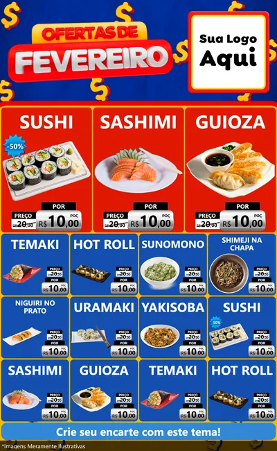 Modelo de Encarte para Encarte Grande com o tema Ofertas de Fevereiro para Comida japonesa