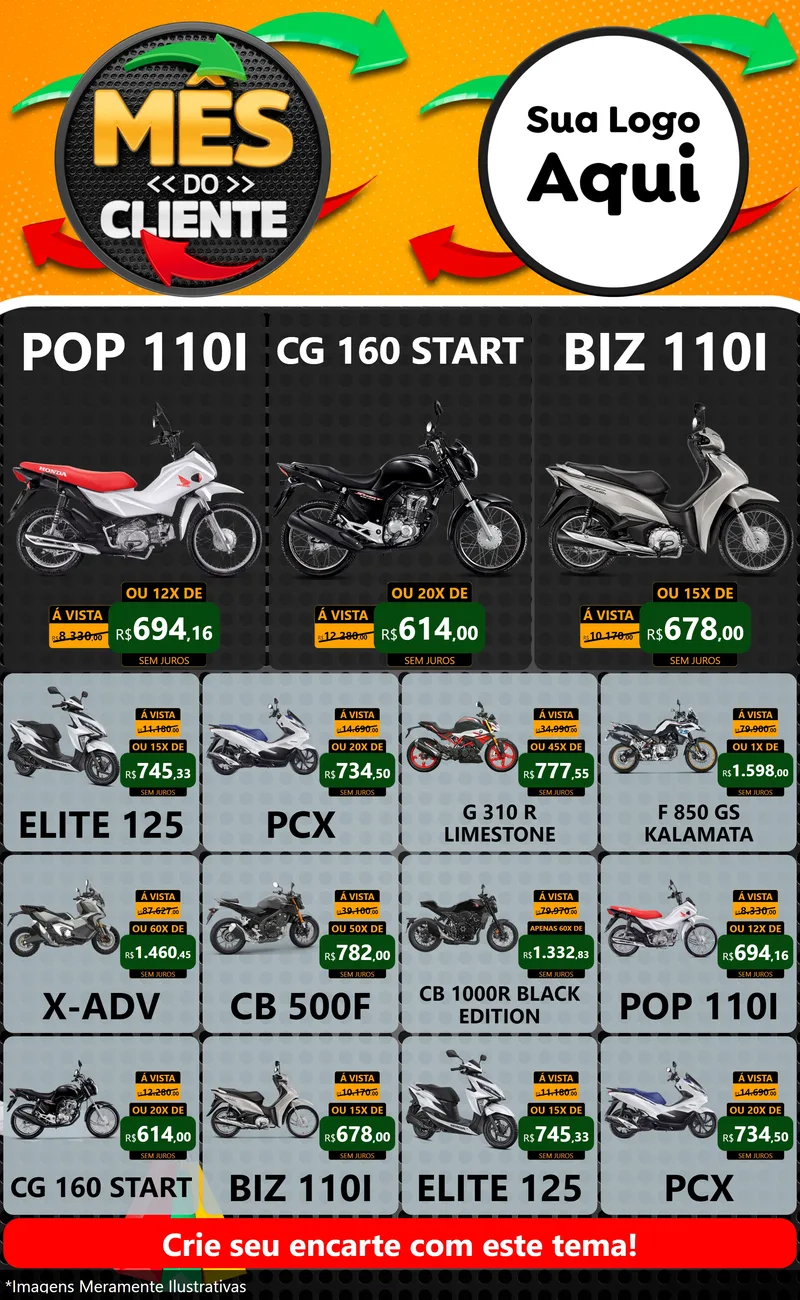 Modelo de Encarte para Encarte Grande com o tema Mês do Cliente para Concessionaria de Motos