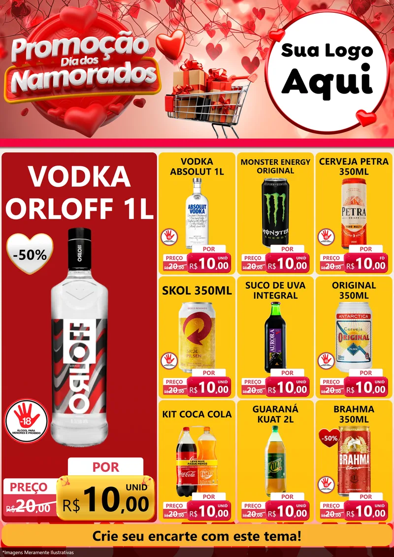 Modelo de Encarte para Encarte A4 Vertical com o tema Promoção Dia dos Namorados para Distribuidora de bebidas