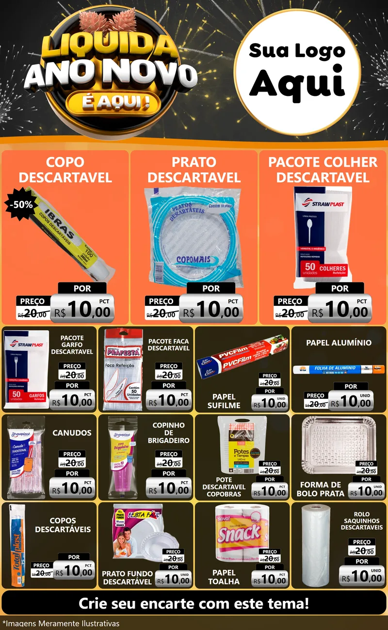Modelo de Encarte para Encarte Grande com o tema Liquida Ano Novo É Aqui! para Embalagens