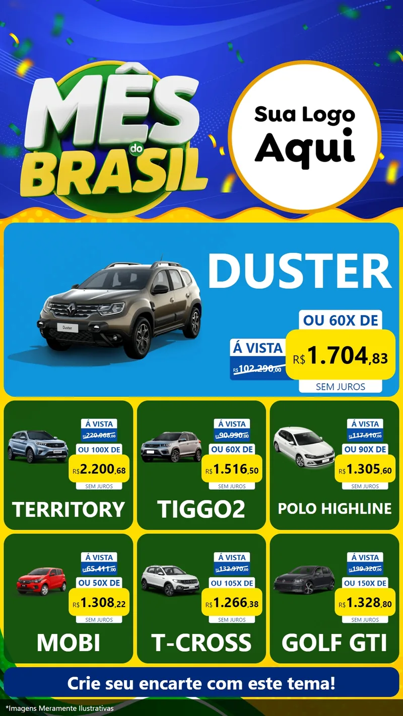 Modelo de Rede Social para Stories com o tema Mês do Brasil para Concessionaria de Carros