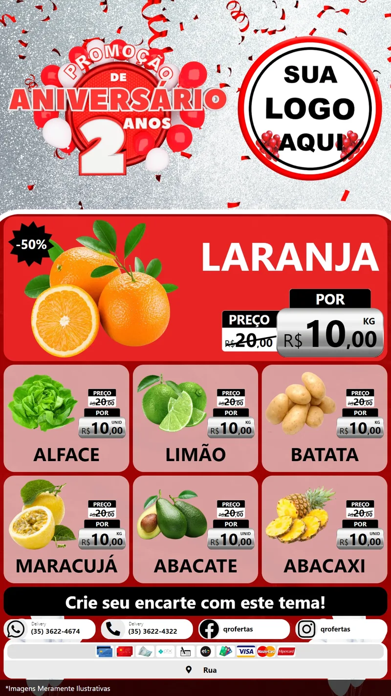Modelo de Rede Social para Stories com o tema Promoção de Aniversário - 2 Anos para Hortifrúti