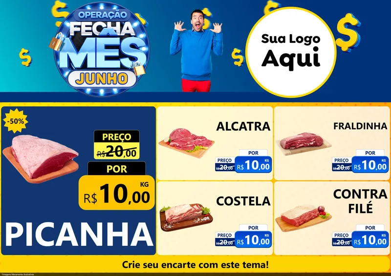 Modelo de Encarte para Encarte A4 Horizontal com o tema Operação Fecha Mês, Junho para Açougue
