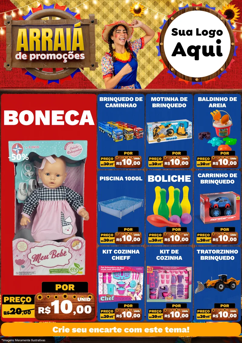 Modelo de Encarte para Encarte A4 Vertical com o tema Arraiá de Promoções para Brinquedos