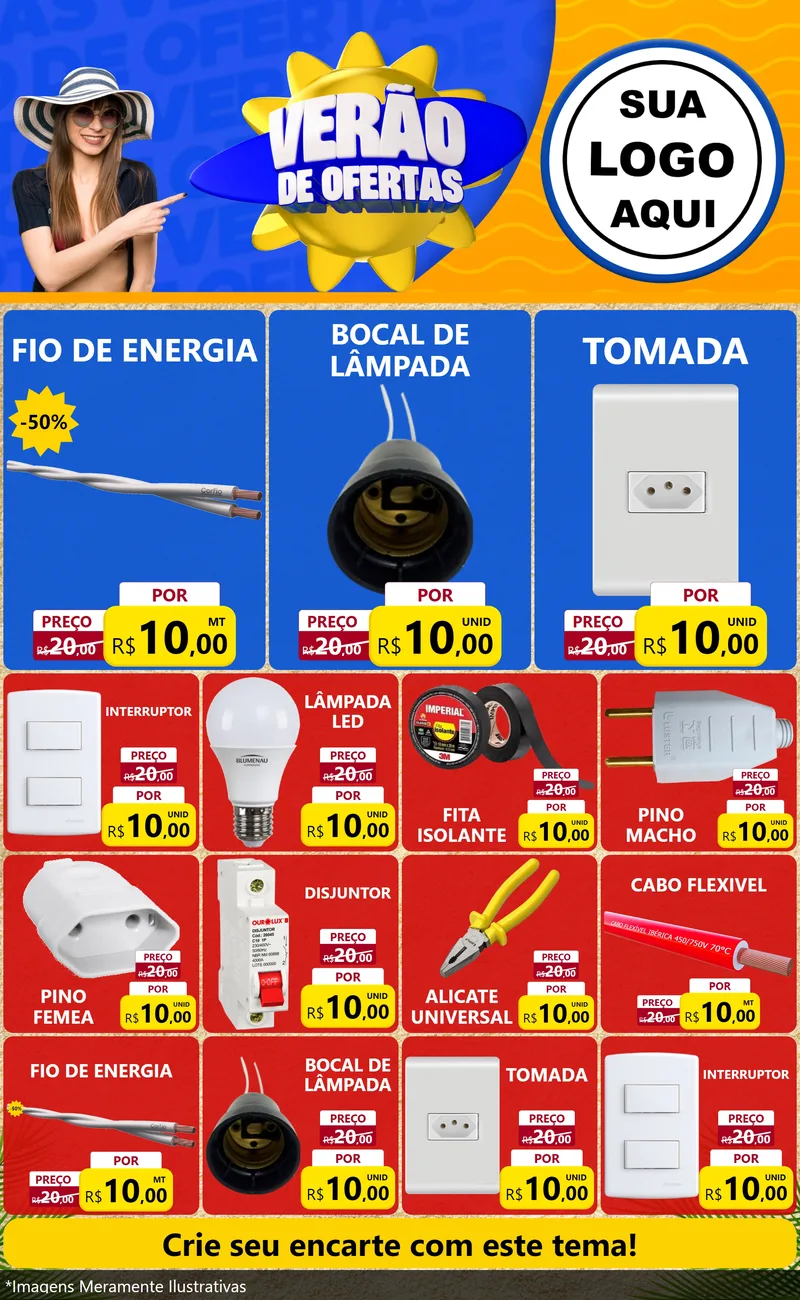 Modelo de Encarte para Encarte Grande com o tema Verão de Ofertas para Materiais Elétricos