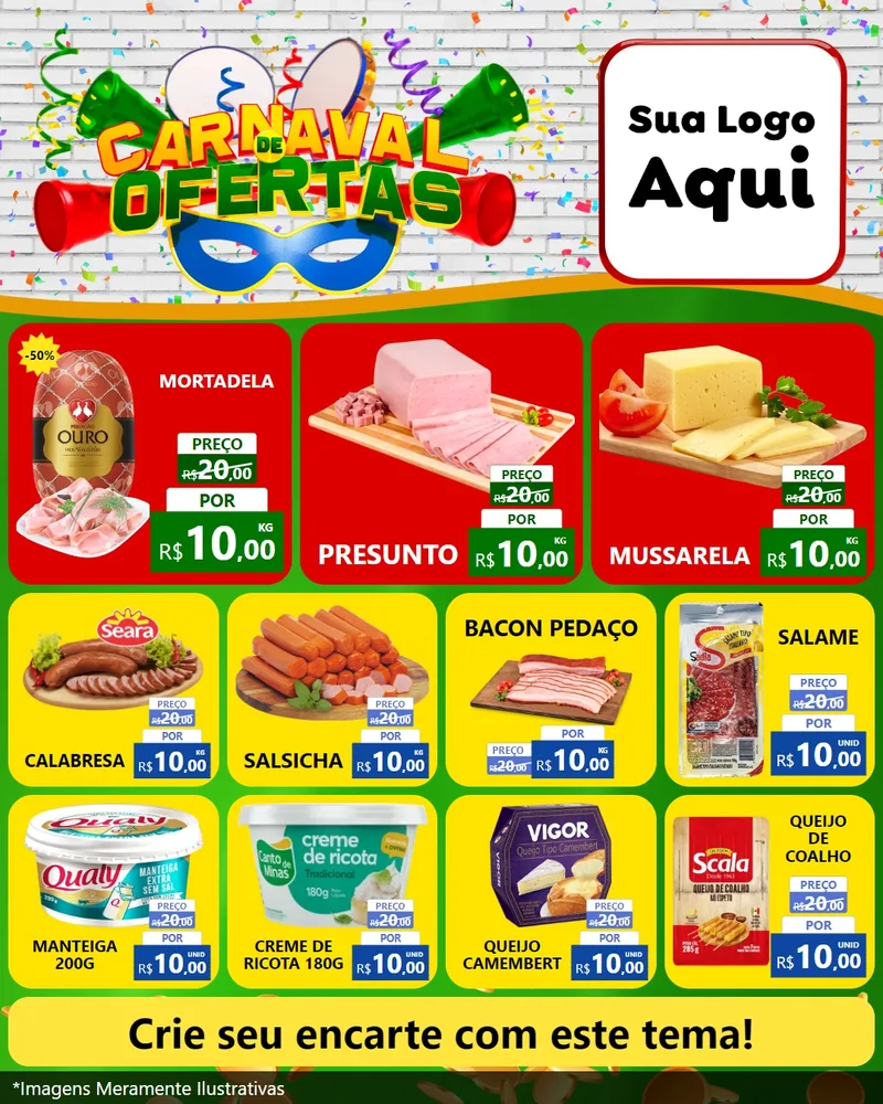Modelo de Rede Social para Feed Instagram com o tema Carnaval de Ofertas para Frios e Laticínios