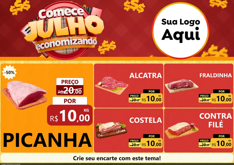 Modelo de Encarte para Encarte A4 Horizontal com o tema Comece Julho Economizando para Açougue