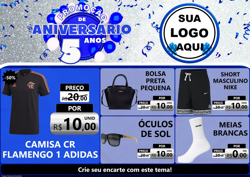 Modelo de Encarte para Encarte A4 Horizontal com o tema Promoção de Aniversário - 5 Anos para Roupas e acessórios