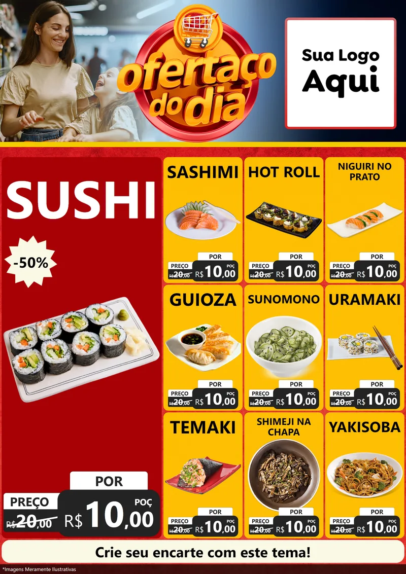 Modelo de Encarte para Encarte A4 Vertical com o tema Ofertaço Do Dia para Comida japonesa