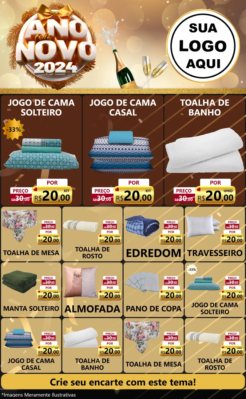 Modelo de Encarte para Encarte Grande com o tema Feliz Ano Novo 2027 para Cama, Mesa e Banho