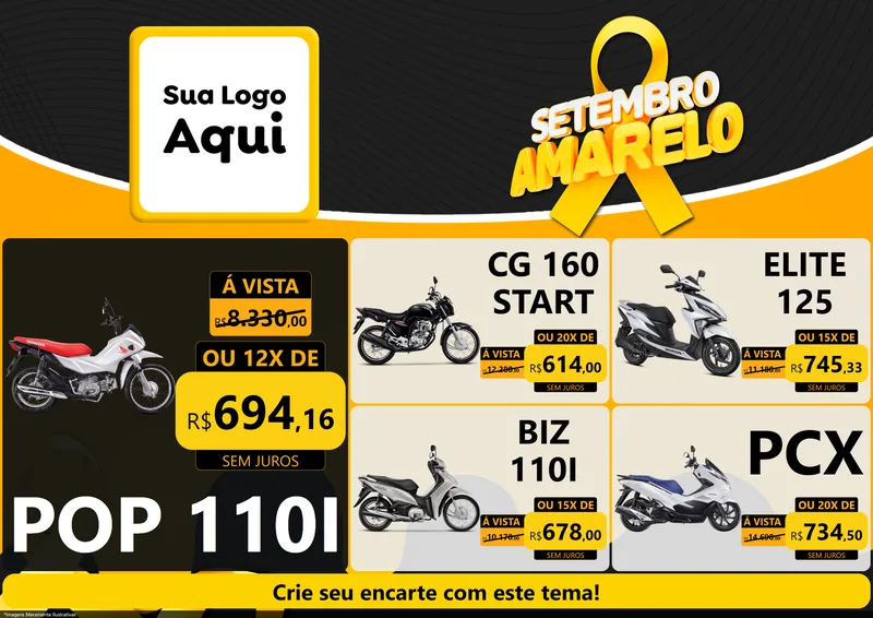 Modelo de Encarte para Encarte A4 Horizontal com o tema Setembro Amarelo para Concessionaria de Motos