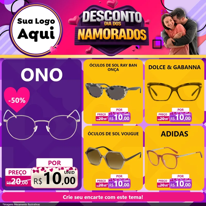 Modelo de Rede Social para Feed Facebook com o tema Desconto Dia dos Namorados para Óticas