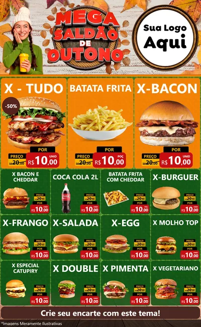 Modelo de Encarte para Encarte Grande com o tema Mega Saldão de Outono para Hamburgueria