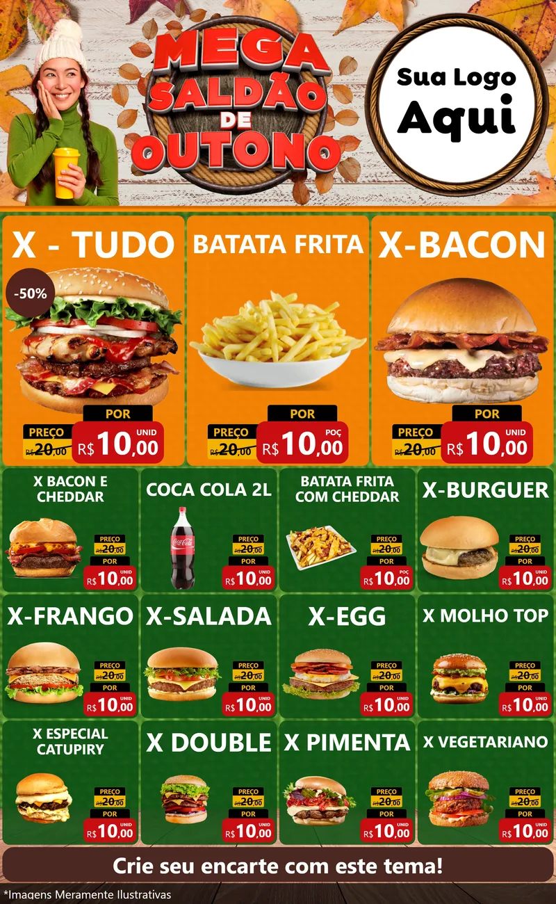 Modelo de Encarte para Encarte Grande com o tema Mega Saldão de Outono para Hamburgueria