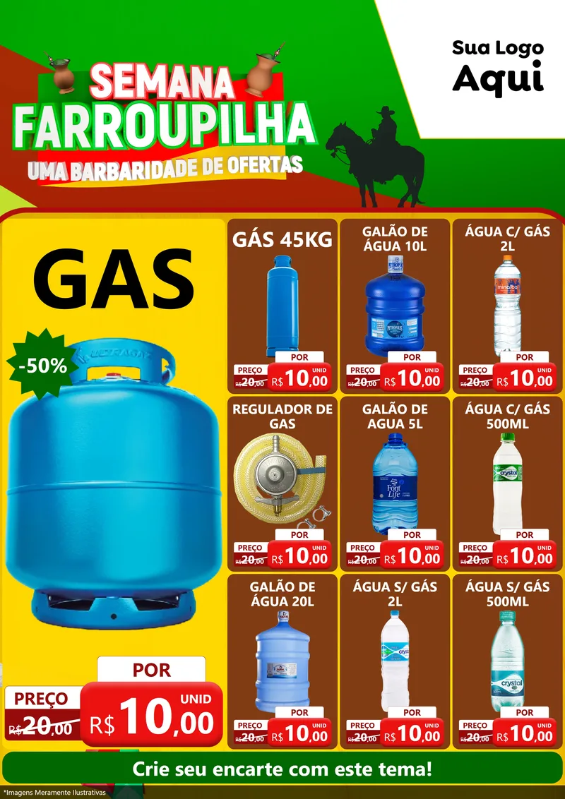 Modelo de Encarte para Encarte A4 Vertical com o tema Semana Farroupilha - Uma Barbaridade de Ofertas para Água e gás