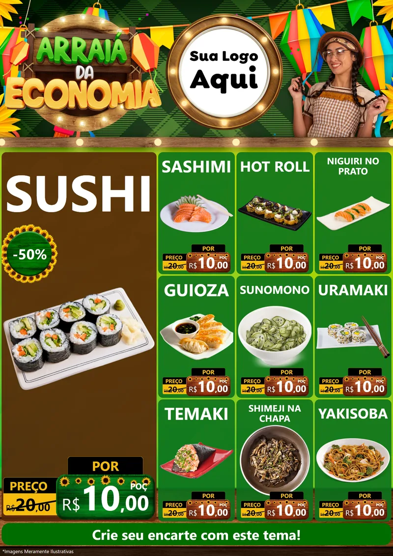 Modelo de Encarte para Encarte A4 Vertical com o tema Arraiá de Economia para Comida japonesa