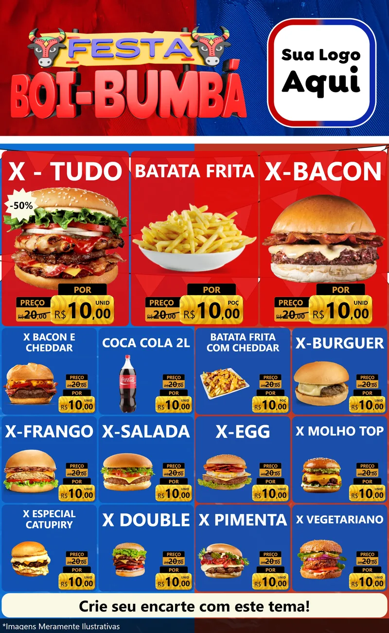 Modelo de Encarte para Encarte Grande com o tema Festa Boi Bumbá para Hamburgueria