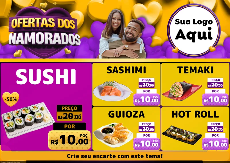 Modelo de Encarte para Encarte A4 Horizontal com o tema Oferta Dos Namorados para Comida japonesa