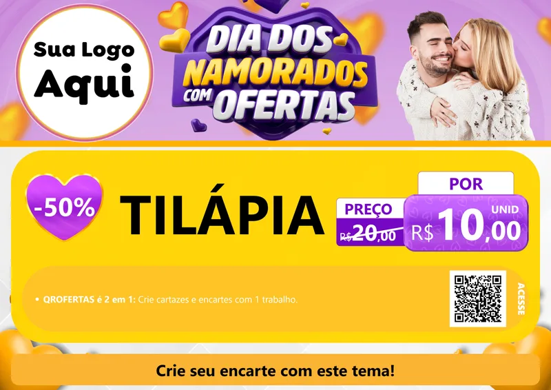 Modelo de Cartaz para Cartaz A4 Horizontal com o tema Dia Dos Namorados Com Ofertas para Peixaria