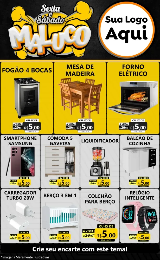 Modelo de Encarte para Encarte Grande com o tema Sexta e Sábado Maluco para Móveis e Eletro