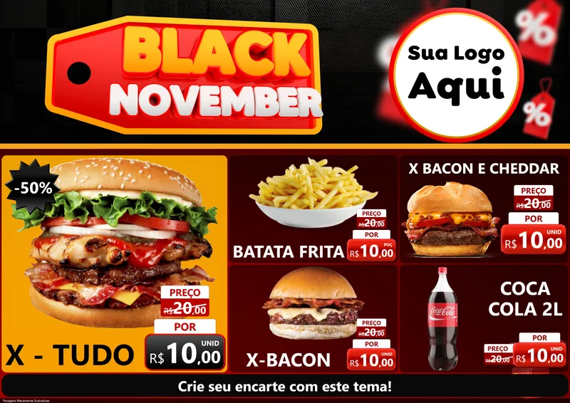 Modelo de Encarte para Encarte A4 Horizontal com o tema Black November para Hamburgueria
