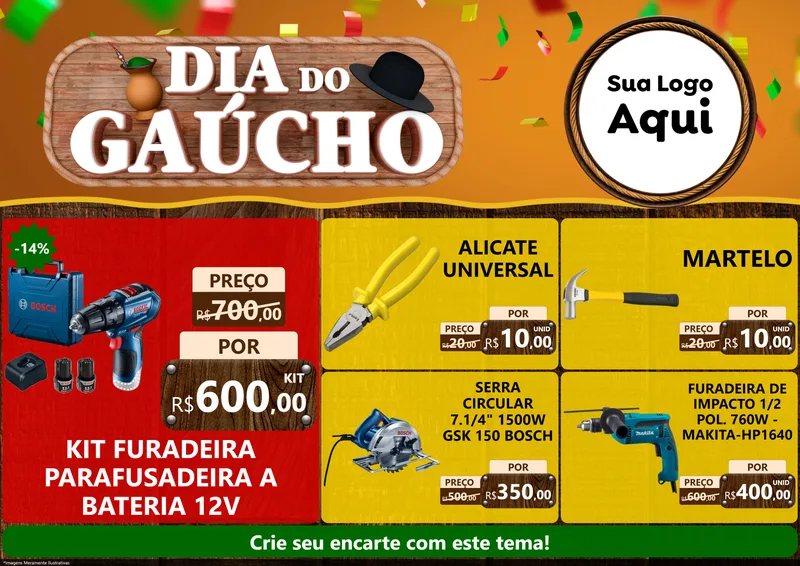 Modelo de Encarte para Encarte A4 Horizontal com o tema Dia do Gaúcho para Maquinas e Ferramentas