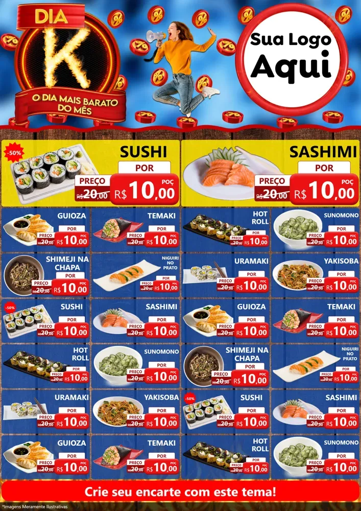 Modelo de Encarte para Encarte A4 Vertical com o tema Dia K - O Dia Mais Barato Do Mês para Comida japonesa