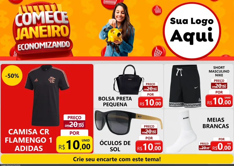 Modelo de Encarte para Encarte A4 Horizontal com o tema Comece Janeiro Economizando para Roupas e acessórios