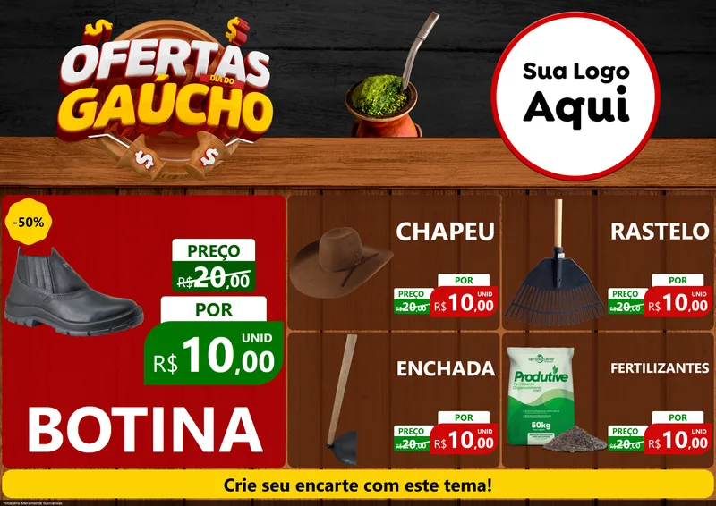 Modelo de Encarte para Encarte A4 Horizontal com o tema Ofertas Dia do Gaúcho para Agropecuária