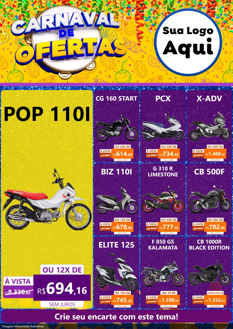 Modelo de Encarte para Encarte A4 Vertical com o tema Carnaval de Ofertas para Concessionaria de Motos