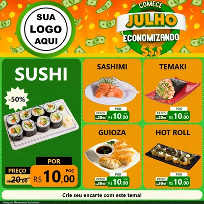 Modelo de Rede Social para Feed Facebook com o tema Comece Julho Economizando para Comida japonesa