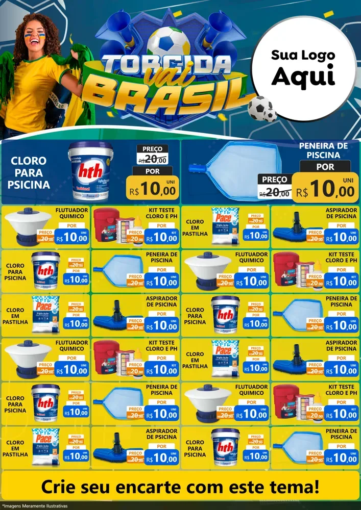 Modelo de Encarte para Encarte A4 Vertical com o tema Torcida Vai Brasil - Copa para Produtos para Piscina