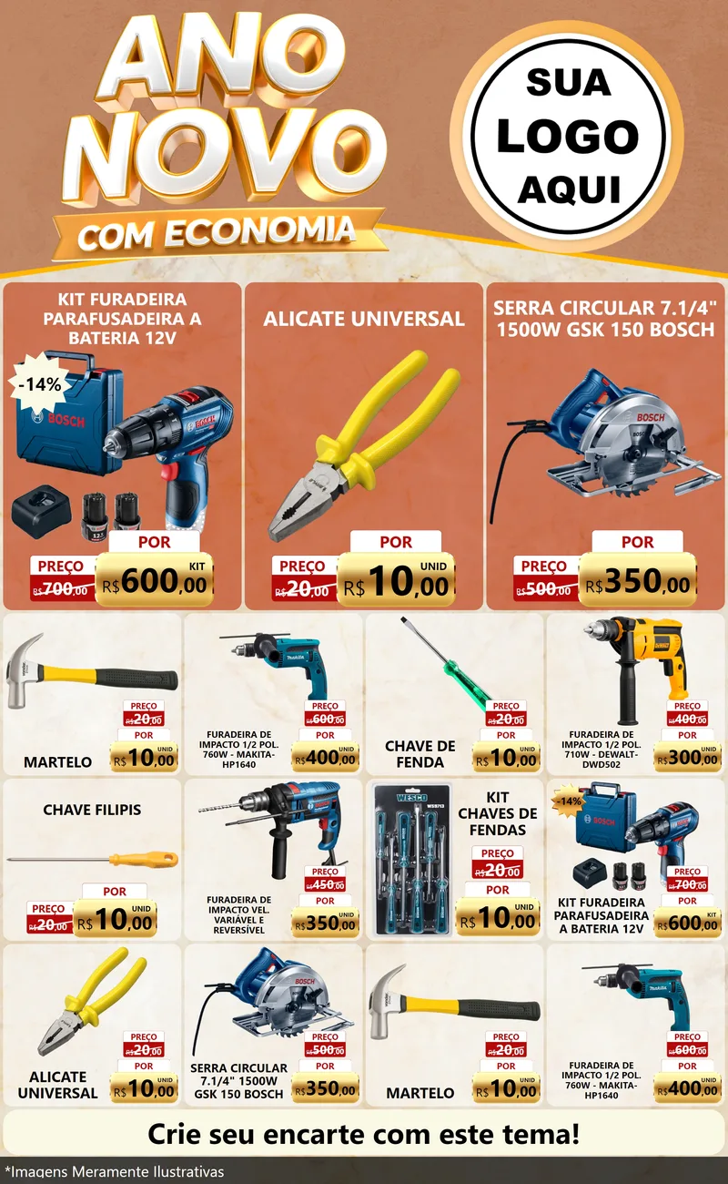 Modelo de Encarte para Encarte Grande com o tema Ano Novo Com Economia para Maquinas e Ferramentas