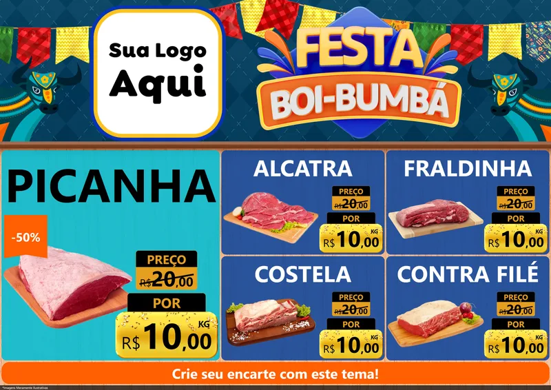 Modelo de Encarte para Encarte A4 Horizontal com o tema Festa Boi Bumbá para Açougue
