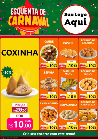 Modelo de Encarte para Encarte A4 Vertical com o tema Esquenta de Carnaval para Salgadaria