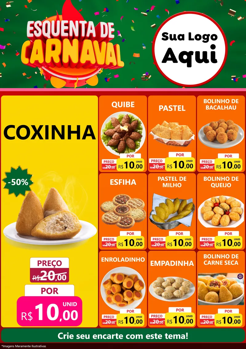 Modelo de Encarte para Encarte A4 Vertical com o tema Esquenta de Carnaval para Salgadaria