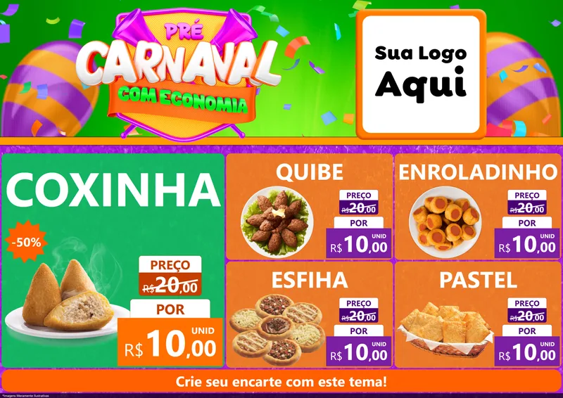 Modelo de Encarte para Encarte A4 Horizontal com o tema Pré-Carnaval Com Economia para Salgadaria