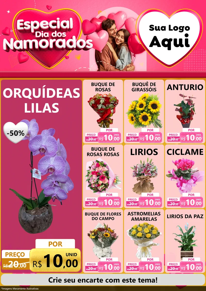 Modelo de Encarte para Encarte A4 Vertical com o tema Especial Dia dos Namorados para Floricultura e jardim