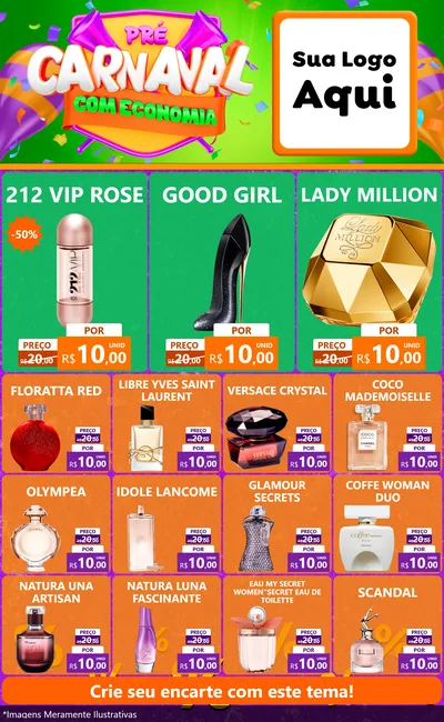 Modelo de Encarte para Encarte Grande com o tema Pré-Carnaval Com Economia para Perfumes