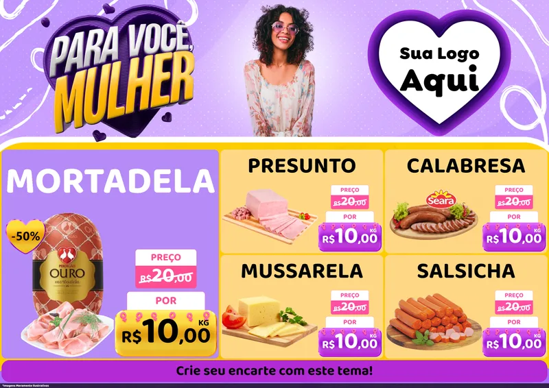 Modelo de Encarte para Encarte A4 Horizontal com o tema Para Você, Mulher para Frios e Laticínios