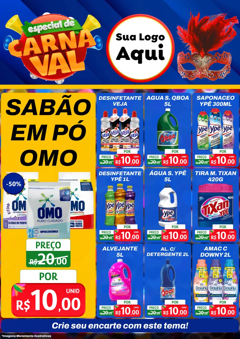 Modelo de Encarte para Encarte A4 Vertical com o tema Especial de Carnaval para Produtos de Limpeza