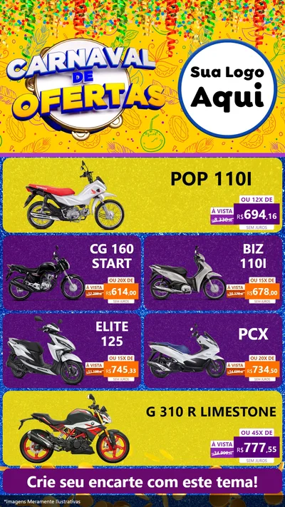 Modelo de TV para TV Vertical com o tema Carnaval de Ofertas para Concessionaria de Motos