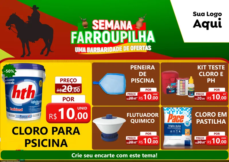 Modelo de Encarte para Encarte A4 Horizontal com o tema Semana Farroupilha - Uma Barbaridade de Ofertas para Produtos para Piscina