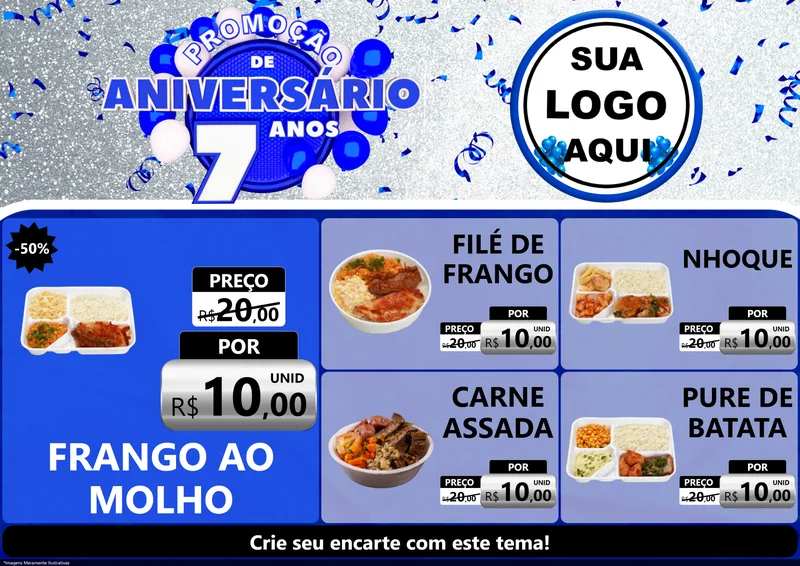 Modelo de Encarte para Encarte A4 Horizontal com o tema Promoção de Aniversário - 7 Anos para Restaurante