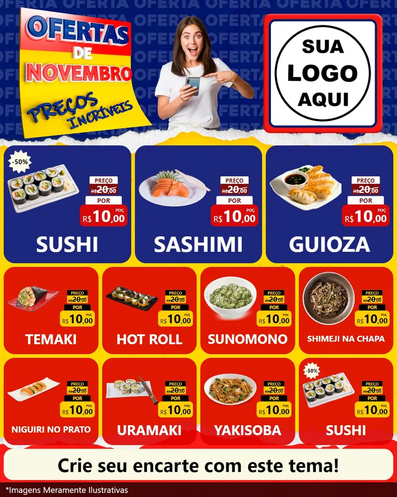 Modelo de Rede Social para Feed Instagram com o tema Ofertas de Novembro - Preços Incríveis para Comida japonesa
