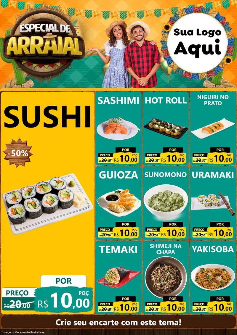 Modelo de Encarte para Encarte A4 Vertical com o tema Especial De Arraial para Comida japonesa