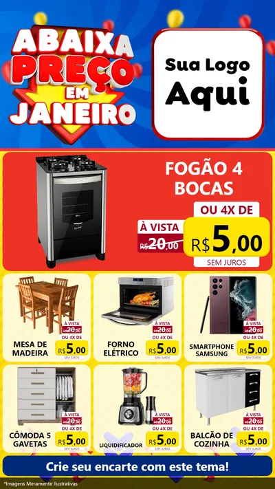 Modelo de Rede Social para Stories com o tema Abaixa Preço em Janeiro para Móveis e Eletro