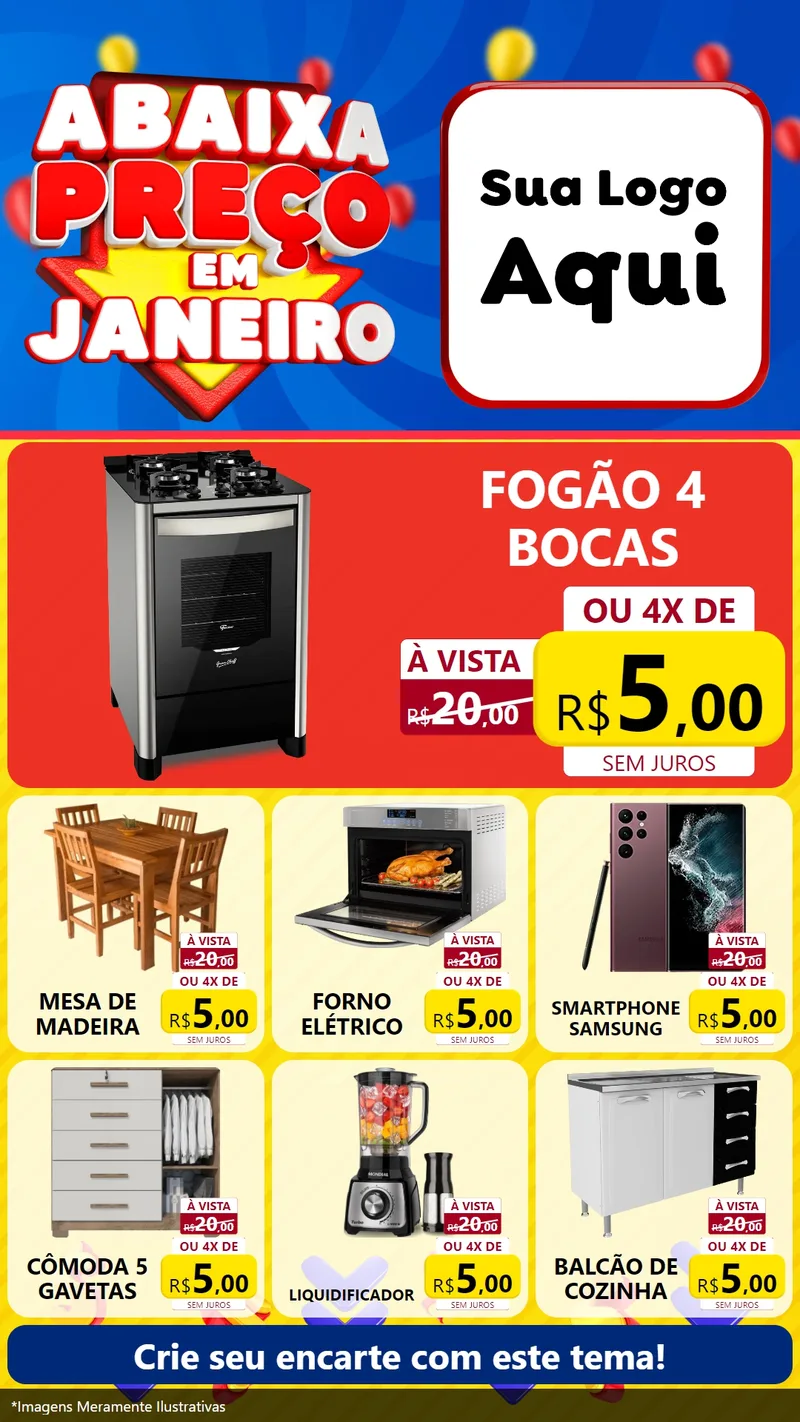 Modelo de Rede Social para Stories com o tema Abaixa Preço em Janeiro para Móveis e Eletro