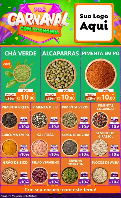 Modelo de Encarte para Encarte Grande com o tema Pré-Carnaval Com Economia para Produtos Naturais
